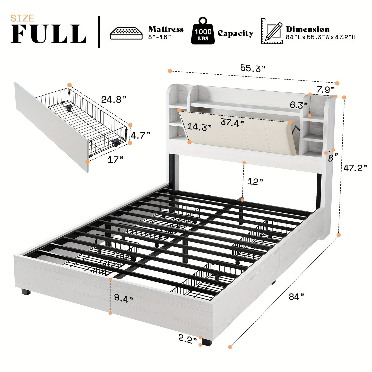 Upholstered Platform Bed Frame With 4 Storage Drawers, Industrial Design, Bookcase Headboard, And Built-in Charging Station