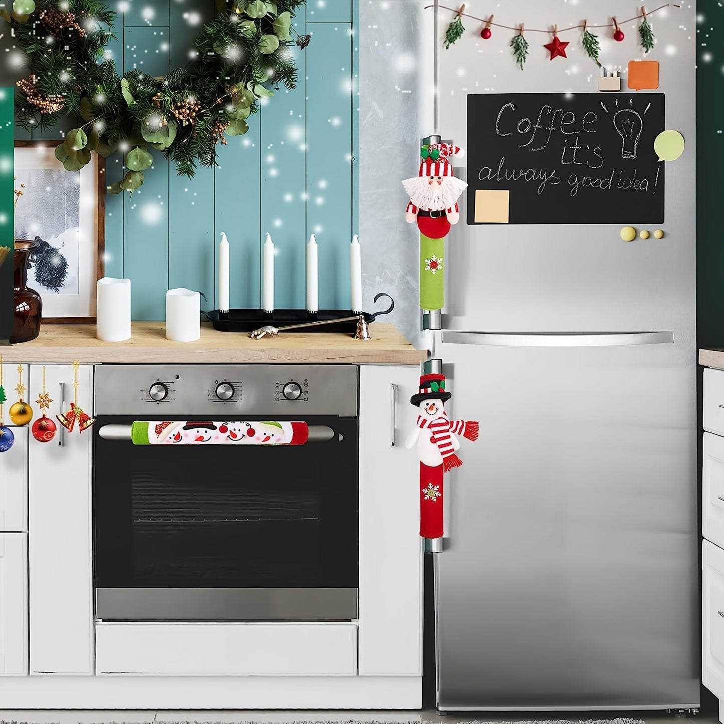 3pcs Christmas & New Year Refrigerator Handle Covers Set - Festive Kitchen Appliance Protectors, Polyester, No Power Needed