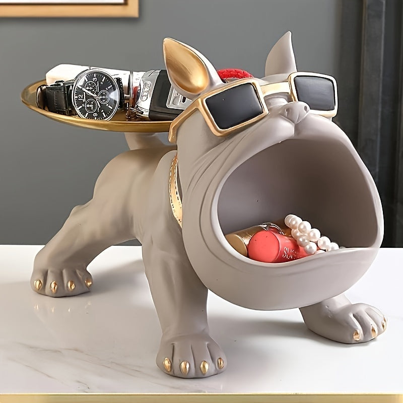 Chic French Bulldog Resin Sculpture with Storage Tray - Nordic-Inspired Animal Figurine for Candy, Snacks, Keys, Coins & Jewelry - Perfect for Living Room, Bedroom, Office Decor & Gifts