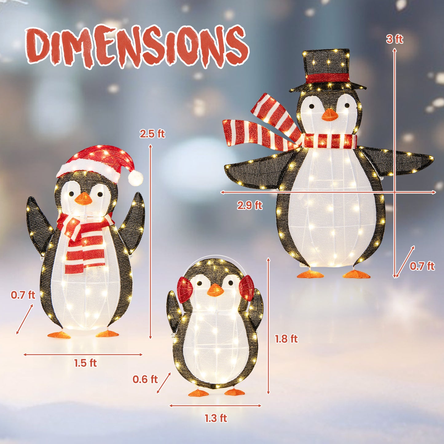 Set of 3 LED Lighted Christmas Penguin Decorations, COSTWAY Xmas Penguin Family Lights, Glowing Holiday Display