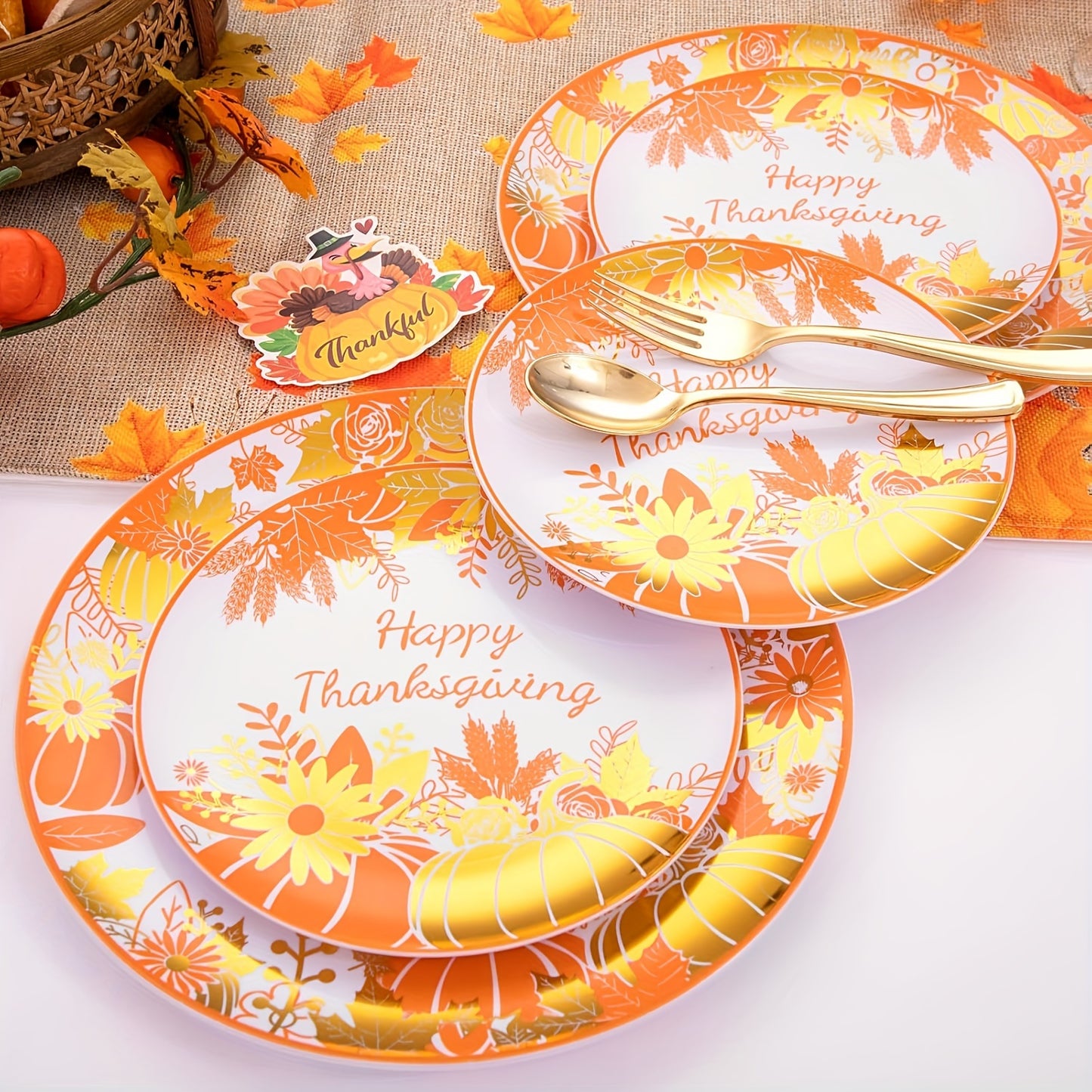 150pcs Thanksgiving Dinnerware Sets WELLIFE A, Plastic Plates with Maple Leaf Design, Includes 30 Dinner Plates, 30 Salad Plates, 30Knives, 30Forks, 30Spoons