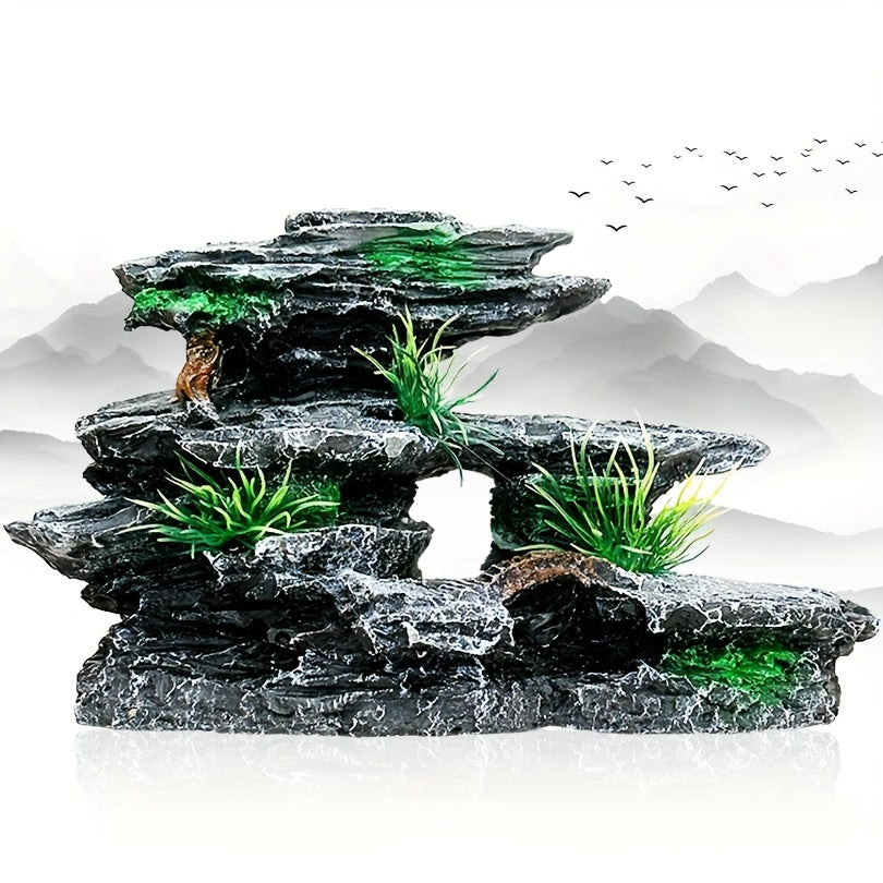 1pc Majestic Aquarium Mountain Rockery - Lush Moss Tree & Cave - Durable Stone Fish Tank Ornament - Create a Tranquil Underwater Landscape Decor