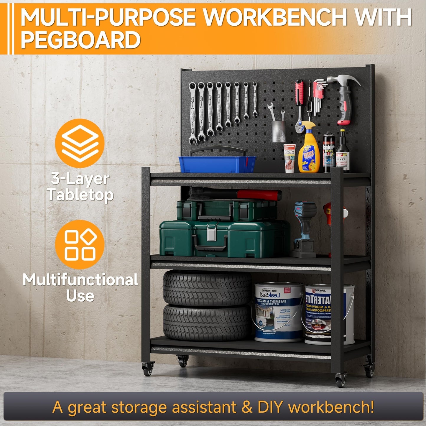 Heavy-Duty 48" Steel Workbench with Pegboard - Mobile, Adjustable, and Spacious Tool Station for Garage, Warehouse, and Workshop - Durable, Rust-Resistant, and Easy to Assemble