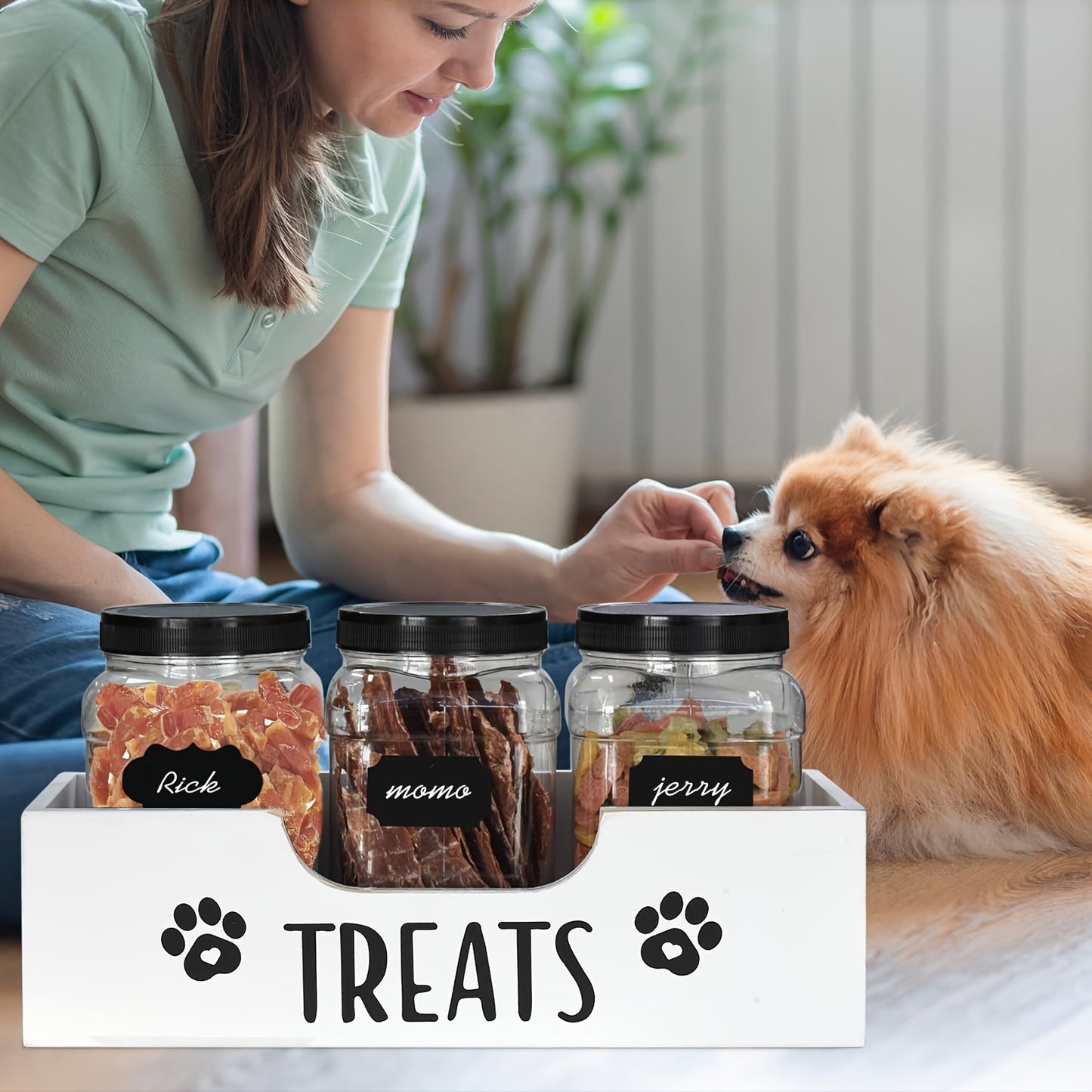 Wooden Dog Treat Container - 3 Plastic Jars, Farmhouse Pet Food Storage for Dog, Cat, Small Animal