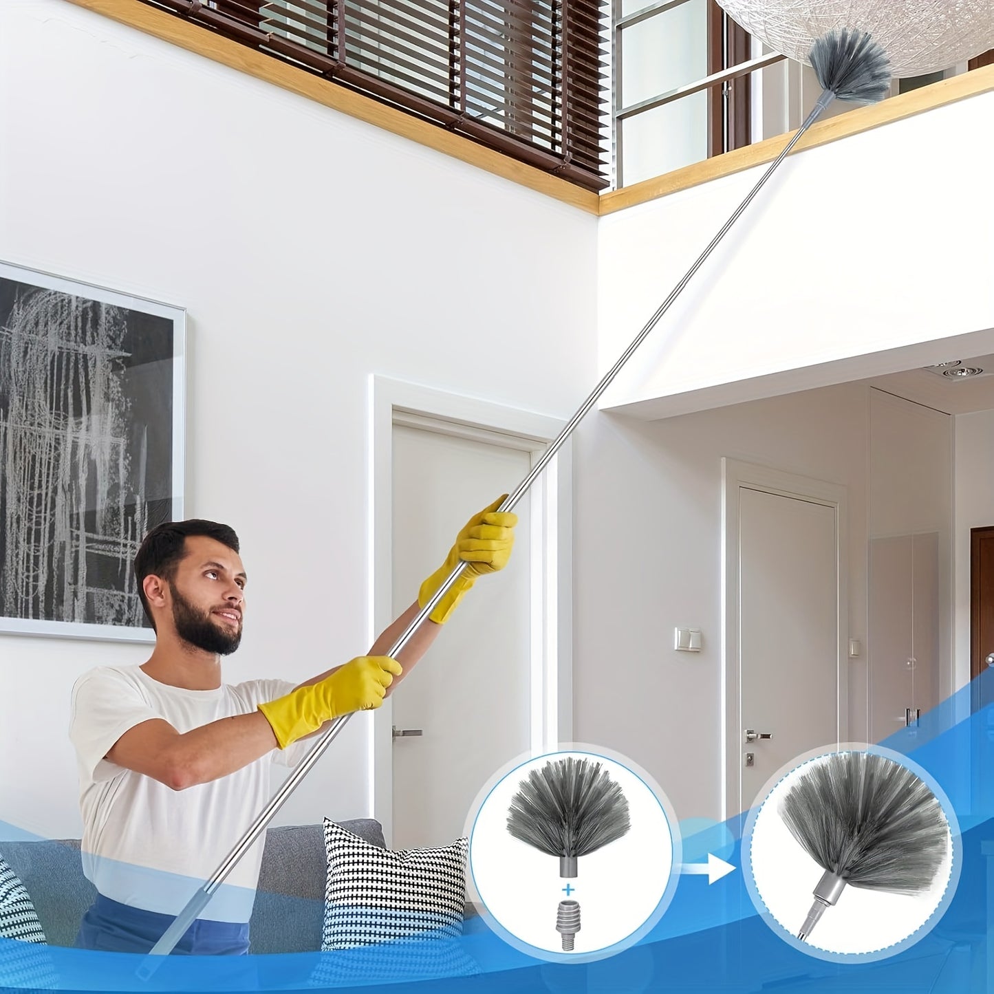 6Pcs Dusters For Cleaning, Cobweb Duster With Extension Pole, Microfiber Extendable Feather Duster With Extension Pole 16.1-84.2'', Washable Reusable Bendable Dusters For Cleaning High Ceiling, Blinds