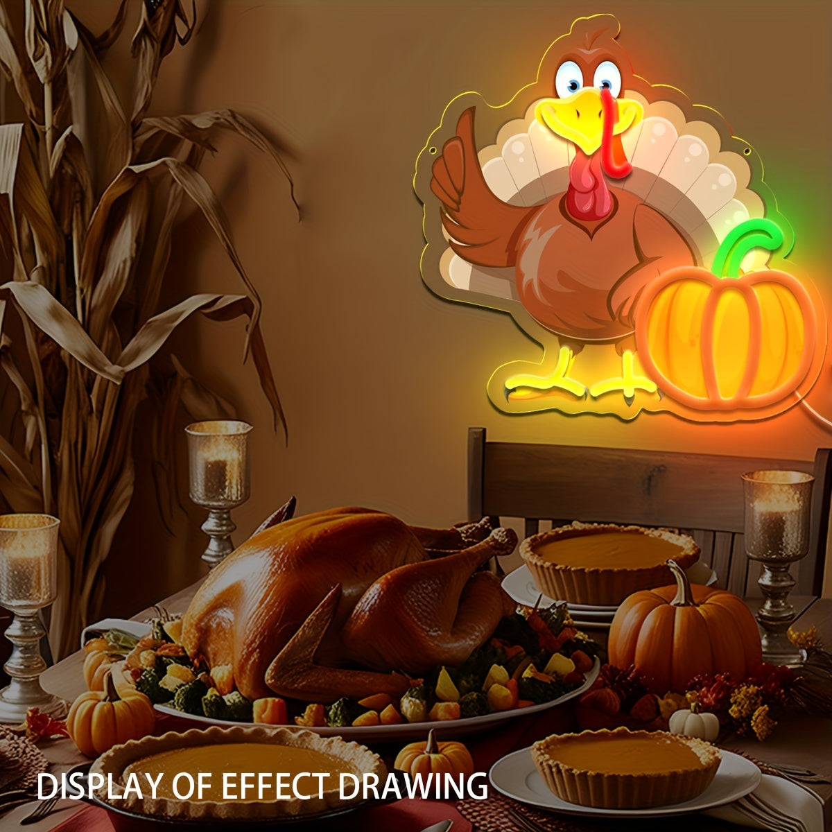 Thanksgiving Turkey Neon Sign, Plastic Wall Hanging Push Button Control, Multipurpose USB Powered Decorative Light with One Fixed Color, Non-Wireless with No Battery Required