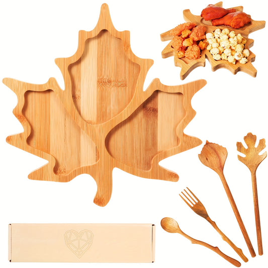 Yaomiao Bamboo Maple Leaf Serving Platter and Utensils Set - 6 Pieces, Charcuterie Board with Sectional Design, Handmade Wooden Spoons and Forks, Ideal Kitchen Gift for Thanksgiving