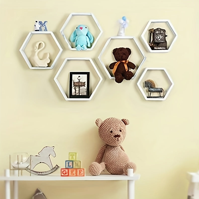 Set Of 6 Hexagonal Shelves For Wall Decor Floating Shelves Wood Wall Shelf Wall Mounted Storage Hanging Honeycomb Shelves Display Float Shelves For Bedroom Living Room Bathroom Office, Light Brown