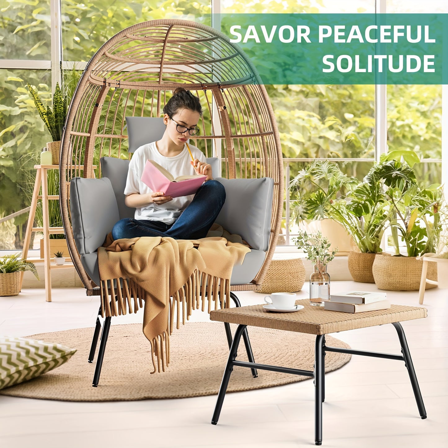 2-in-1 Oversized Wicker Egg Chair Lounger - Spacious Patio Seating with 5 Plush Cushions, Sturdy Steel Frame, 440lb Capacity, Ideal for Backyard, Corridor, and Hotel Use