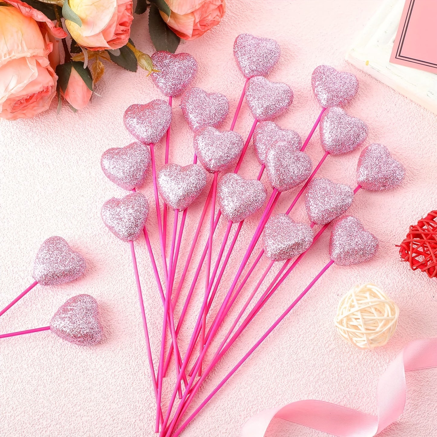 24pcs Sparkly Glitter Foam Heart Picks - Red and Pink Puffy Heart Toppers with Wooden Stems for Valentines Day Wedding Decorations and Flower Arrangements - Easy to Use and Reusable Decorative Accents