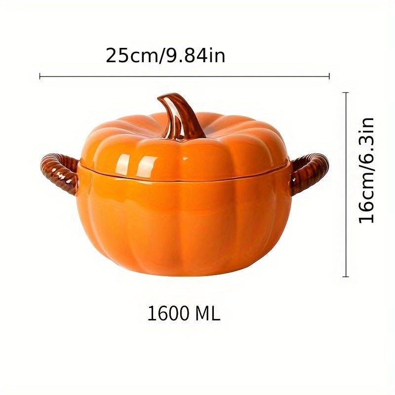 1pc Dutch Oven Pot Set, 54oz Large Ceramic Pumpkin Soup Bowl with Lid and Handles, Novelty Botanical Pattern, Microwave Safe, Heat-Resistant Design, Ideal for Pudding Dessert, Holiday Kitchen Decor, Christmas Party Accessory