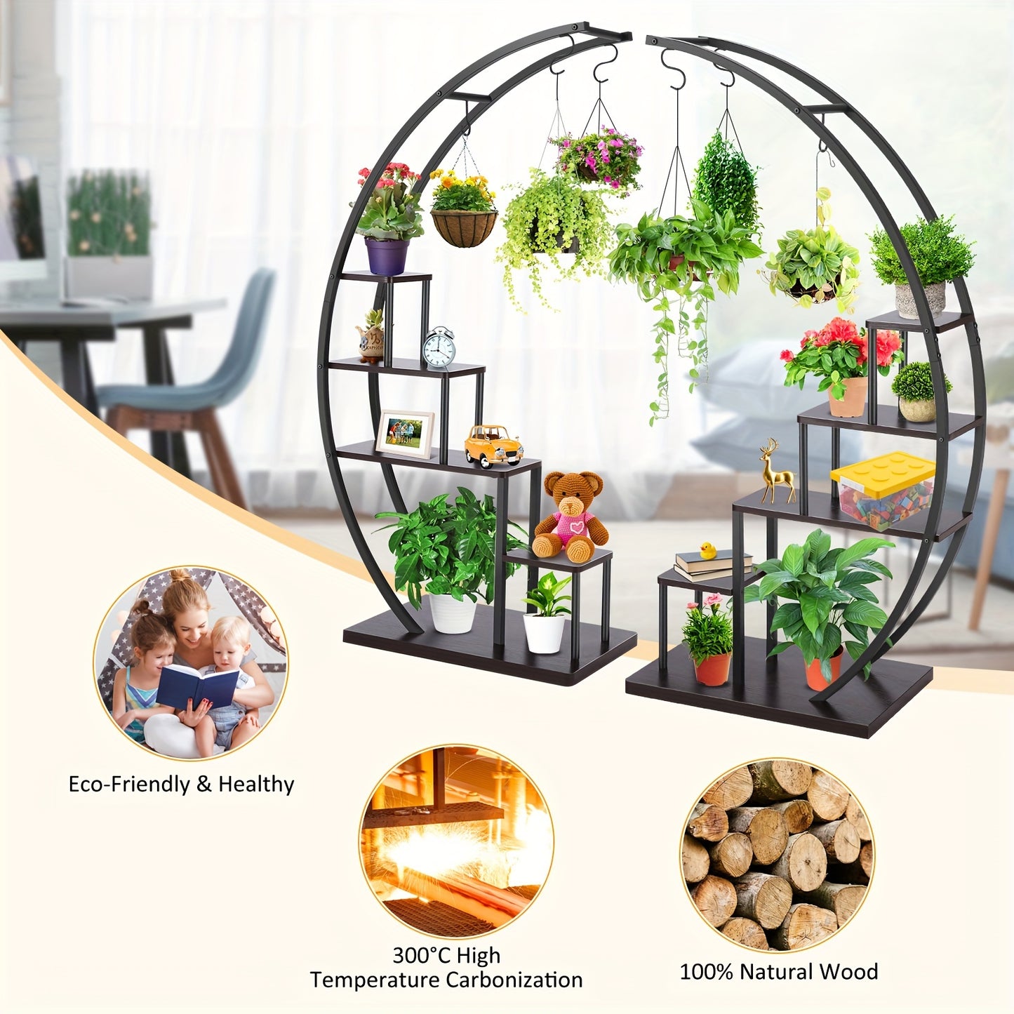 5-Tier Half-Moon Shaped Plant Stand - Space-Saving Indoor Flower Rack with Hooks for Multiple Planters - Ideal for Home Decor, Holiday Decoration, Living Room, Balcony, and Bedroom (24x14x57 inches)