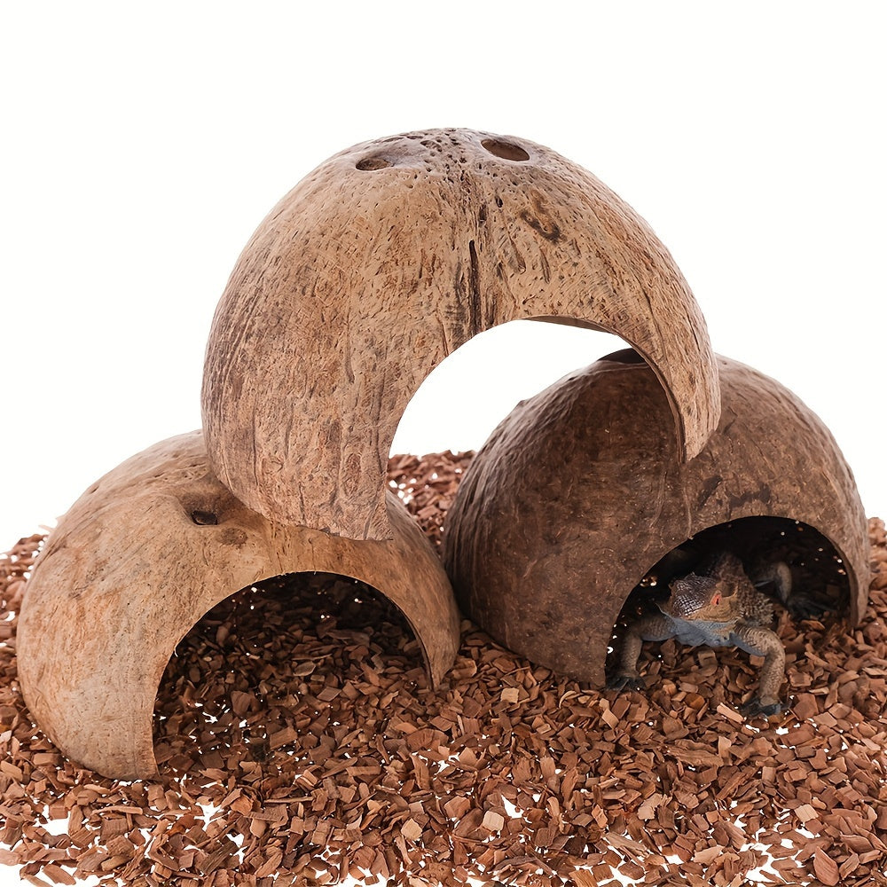 1pc/2pcs Natural Coconut Shell Reptile Hideaway, Pet Shelter For Frogs, Lizards, Snakes, Turtles, Hamsters, Hermit Crabs, Tropical Style, Aquarium & Terrarium Decor