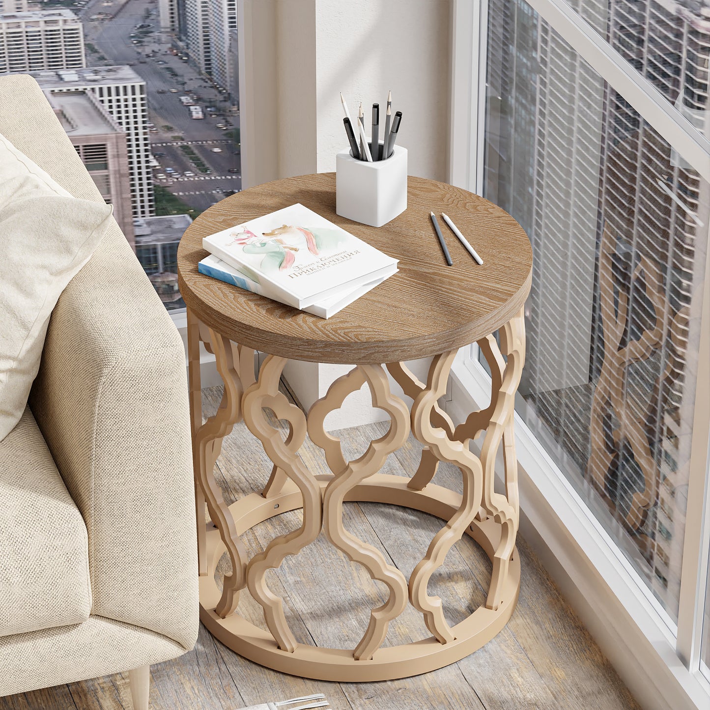 Farmhouse End Table, Distressed Wood Top Side Table with Curved Motif Frame Base