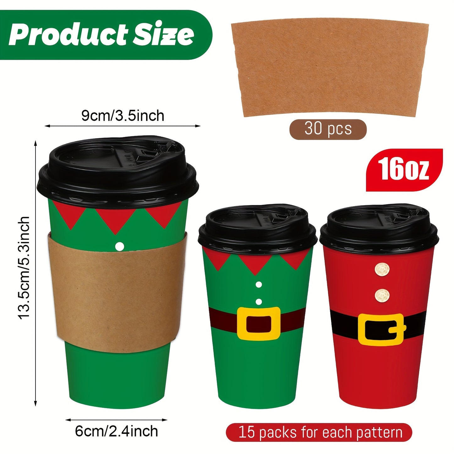 90 Pcs/30 Sets Christmas Paper Coffee Cups with Lids and Sleeves Disposable Hot Cocoa Party Paper Cups for Hot Chocolate Accessories (Cloths, 16 oz)