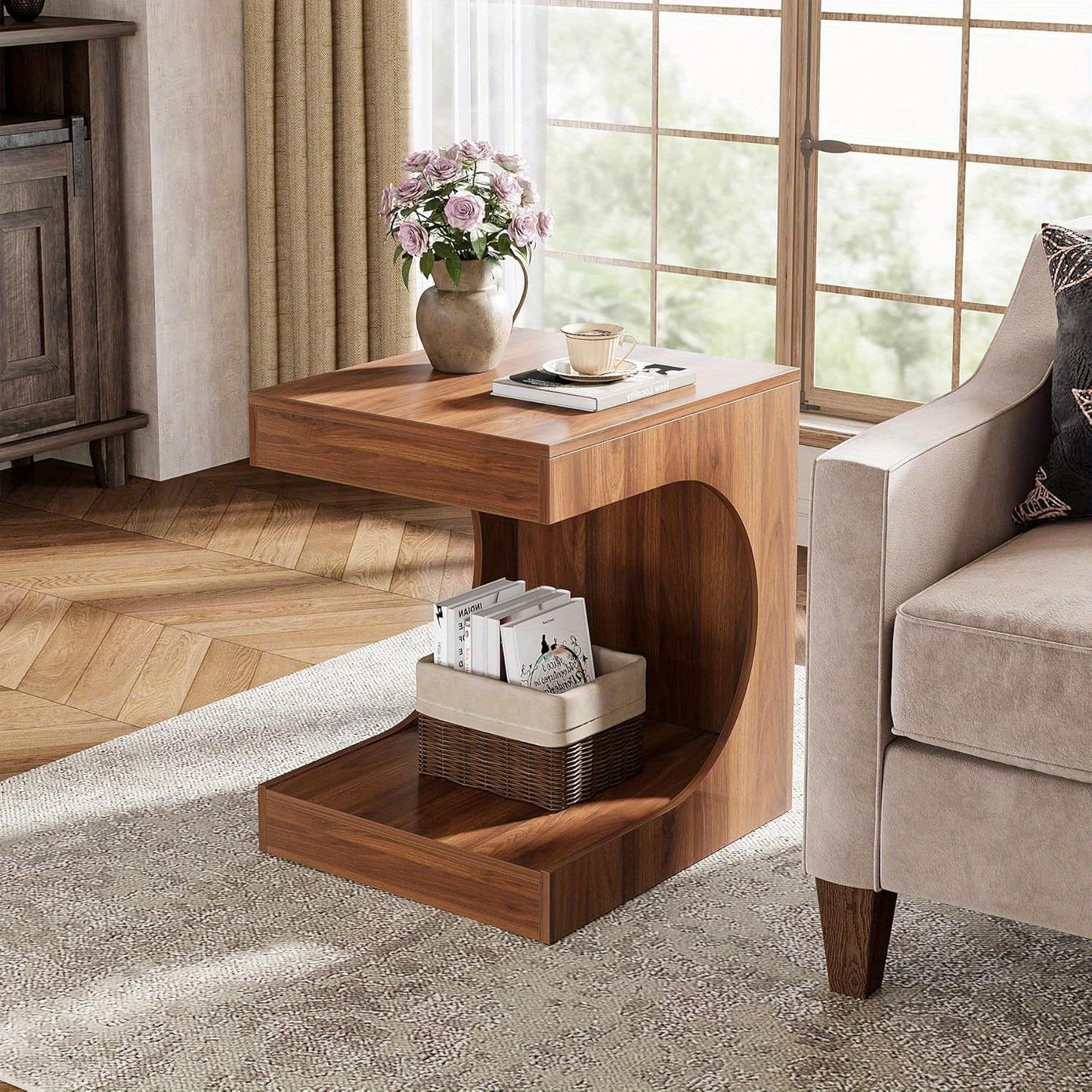 BYBLIGHT Rustic Brown C-Shaped End Table - 2-Tier Wooden Side Table for Small Spaces, Perfect for Bedroom & Living Room