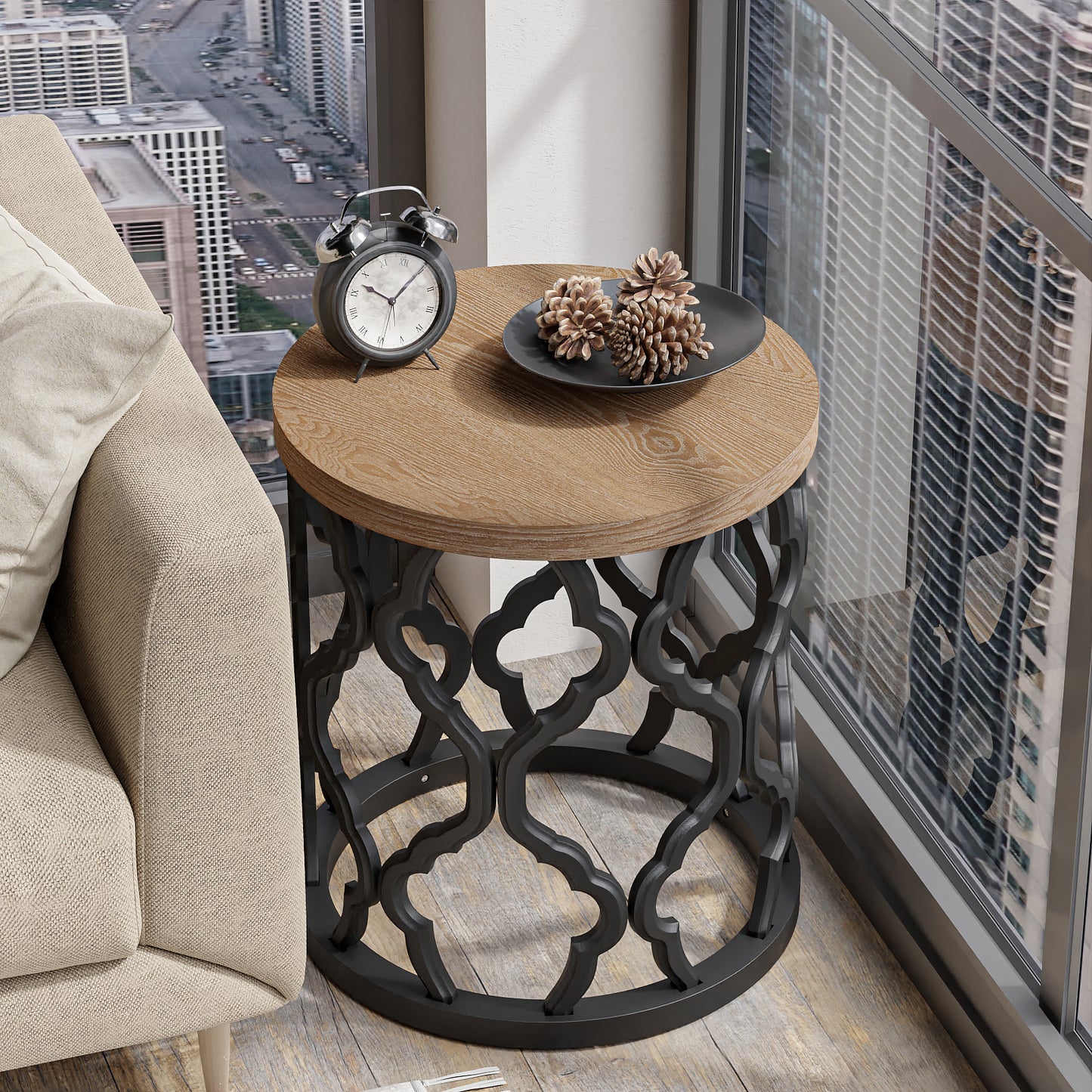 Farmhouse End Table, Distressed Wood Top Side Table with Curved Motif Frame Base