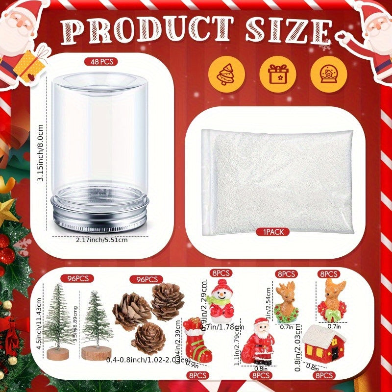 48 Sets Christmas Plastic Snow Globes Kit Includes 48 Clear Snow Globe, 96 Mini Xmas Trees, 48 Miniature Snowman, 96 Mini Pine Cones With Artificial Snow For DIY Crafts Home Winter Decor