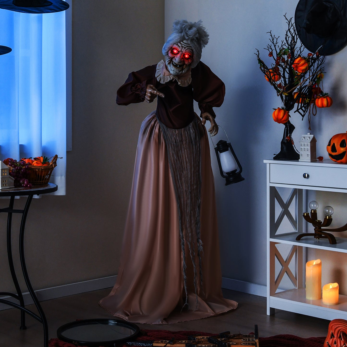 MAXMASS Life-Size Halloween Animatronic, Moving and Talking Old Lady Hag Prop with LED Lighted Red Eyes and Holding Lantern, Halloween Decoration Zombie Maid for Haunted Houses, Indoor and Outdoor Use