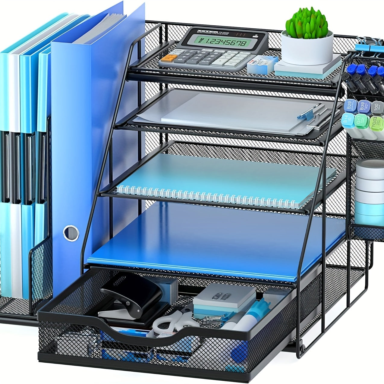 Desk Organizers And Accessories Storage With Large Vertical File Holder, 5-Tier Letter Tray Desk Organizers With Sliding Drawers And Movable Pen Holder, Desk Organizer Shelf For Office Supplies