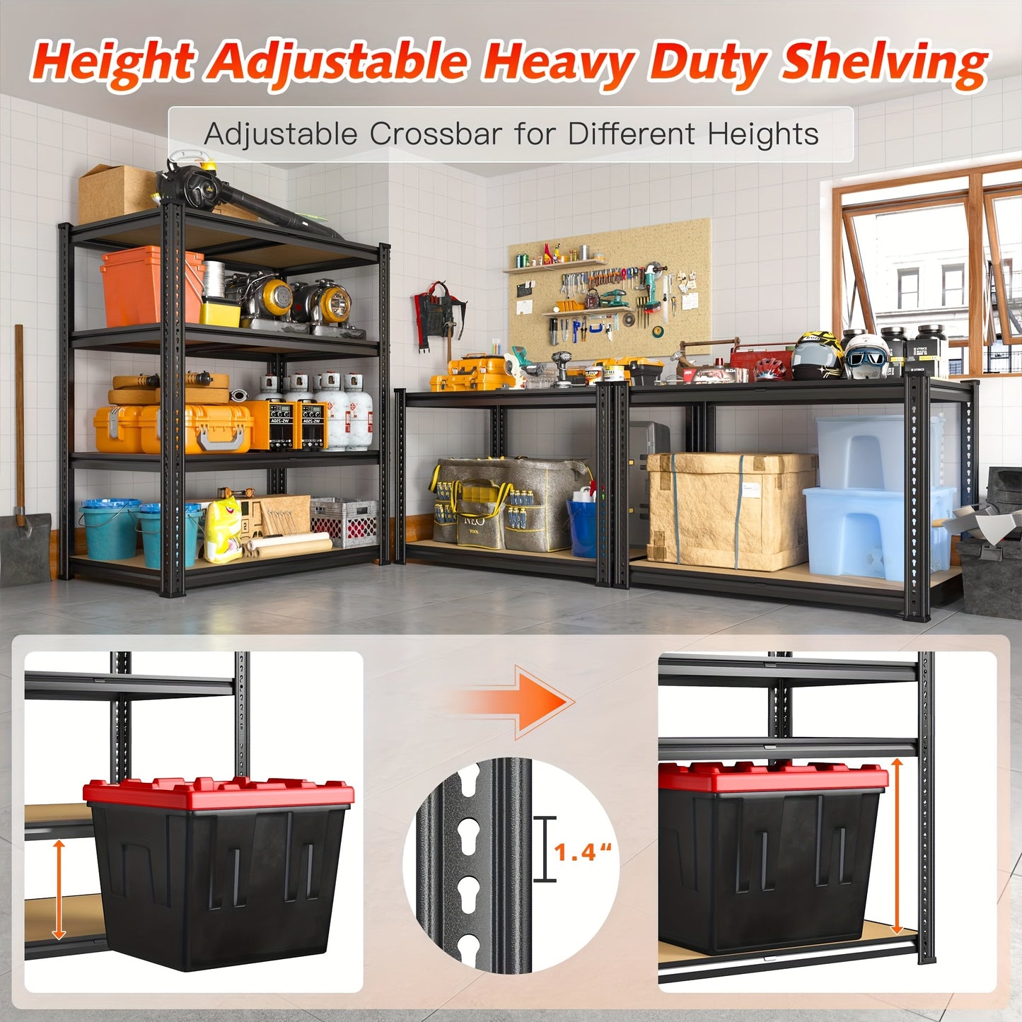 4-Tier 35.5''W Heavy Duty Adjustable Metal Shelving Unit - Tool Holders for Garage, Industrial, and Pantry Storage - 1800LBS Capacity, 60"Hx35.5"Wx17.7"D, Durable and Sturdy Construction for Organization and Space-Saving