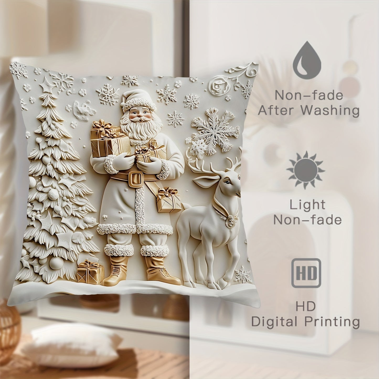 4pcs Christmas Decorations Santa Snowman Deer Floral Tree Velvet Throw Pillow Covers Funny Luxury 3D White Golden Soft Decorative Pillowcases One Sided Printing 18in*18in for Christmas Winter Living Room Bedroom Sofa Bed Deco