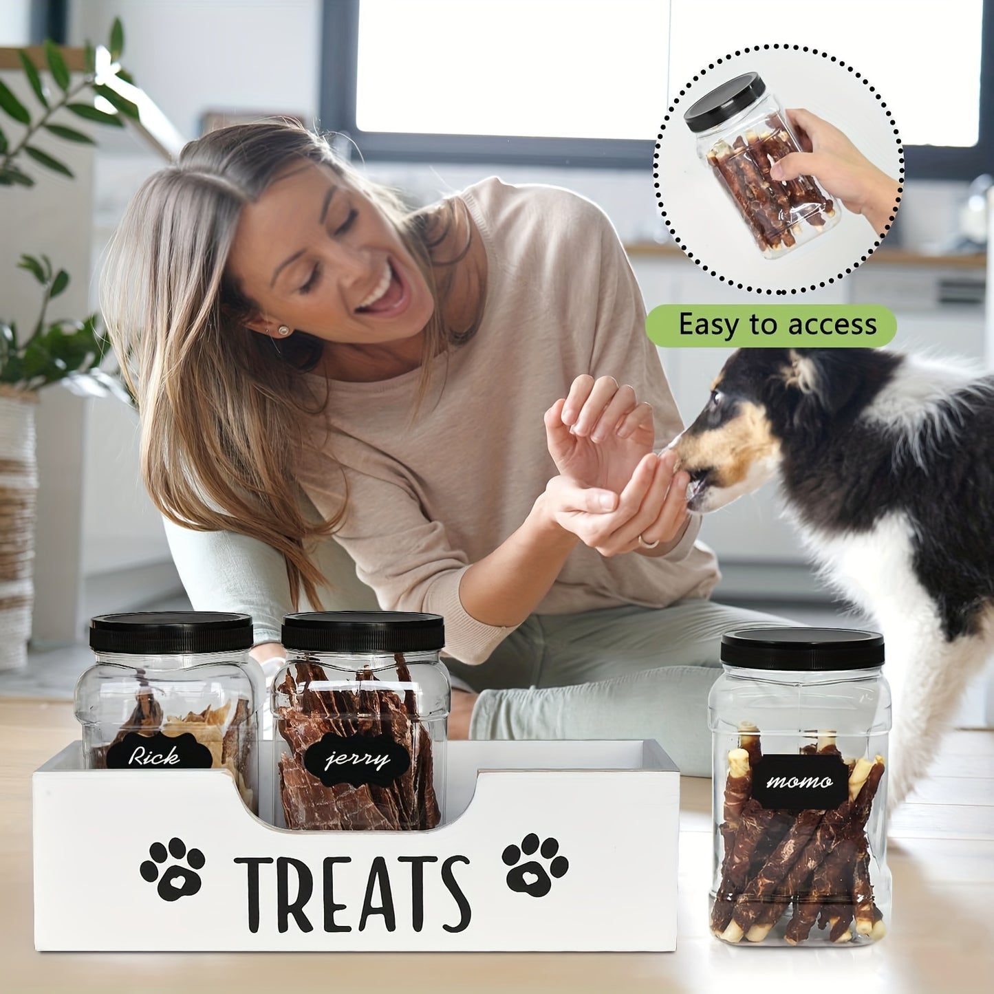 Wooden Dog Treat Container - 3 Plastic Jars, Farmhouse Pet Food Storage for Dog, Cat, Small Animal