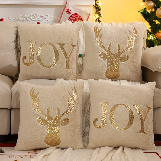 Traditional Style Christmas Throw Pillow Covers Set of 2, Hand Wash Only, Mixed Color, Geometric Deer and Joy Pattern, Zipper Closure, Woven Polyester, Living Room Decor with Embroidered Golden Sequins