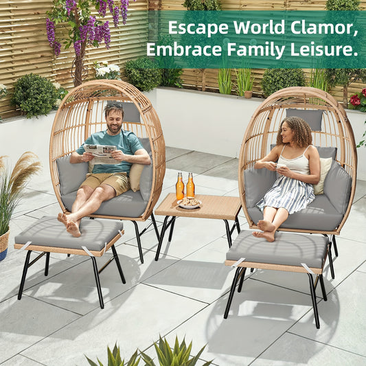 2-in-1 Oversized Wicker Egg Chair Lounger - Spacious Patio Seating with 5 Plush Cushions, Sturdy Steel Frame, 440lb Capacity, Ideal for Backyard, Corridor, and Hotel Use