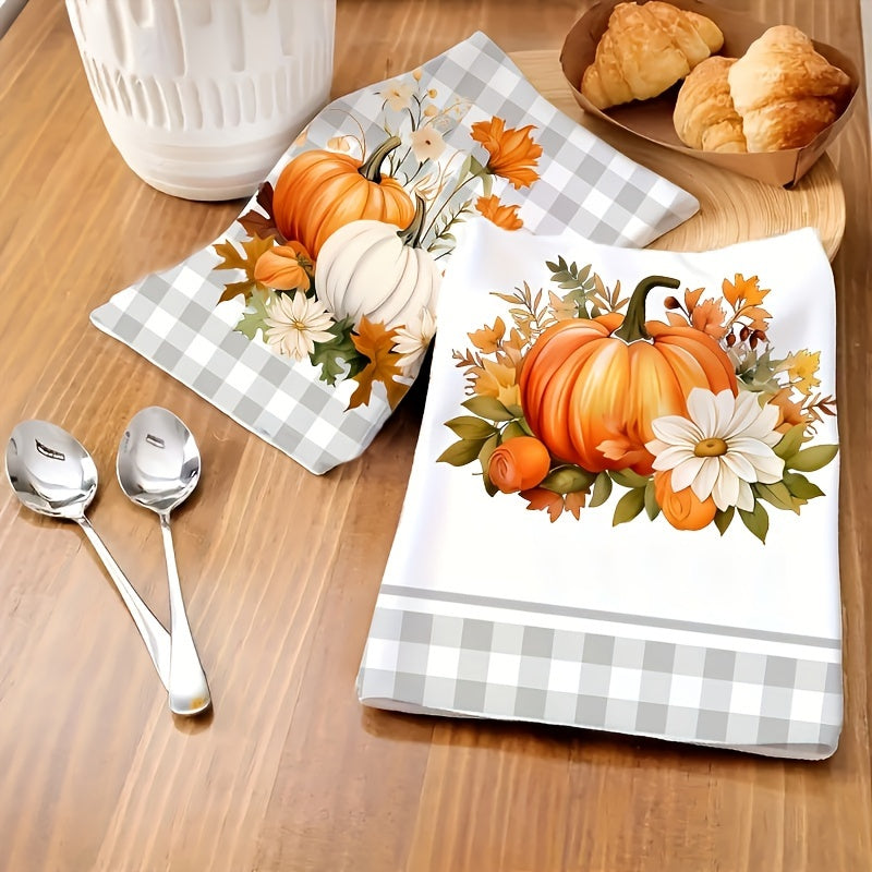 2pcs Autumn Maple Leaf & Pumpkin Kitchen Towels - Soft, Absorbent Microfiber Dish Cloths for Easy Cleaning & Festive Decor