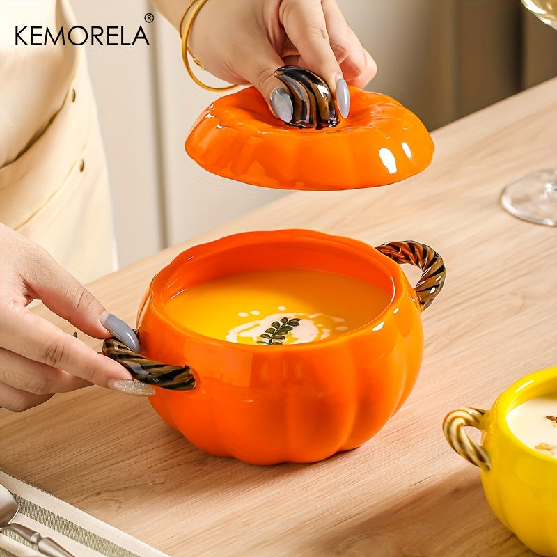 KEMORELA Pumpkin-Shaped Ceramic Bowl - Perfect for Thanksgiving, Fall Baking & Halloween | Medium Size, Ideal for Steaming & Serving