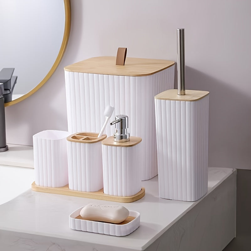 Elegant 6-Piece Striped Bathroom Set with Bamboo Lid - Plastic, Reusable, and No Electricity Required