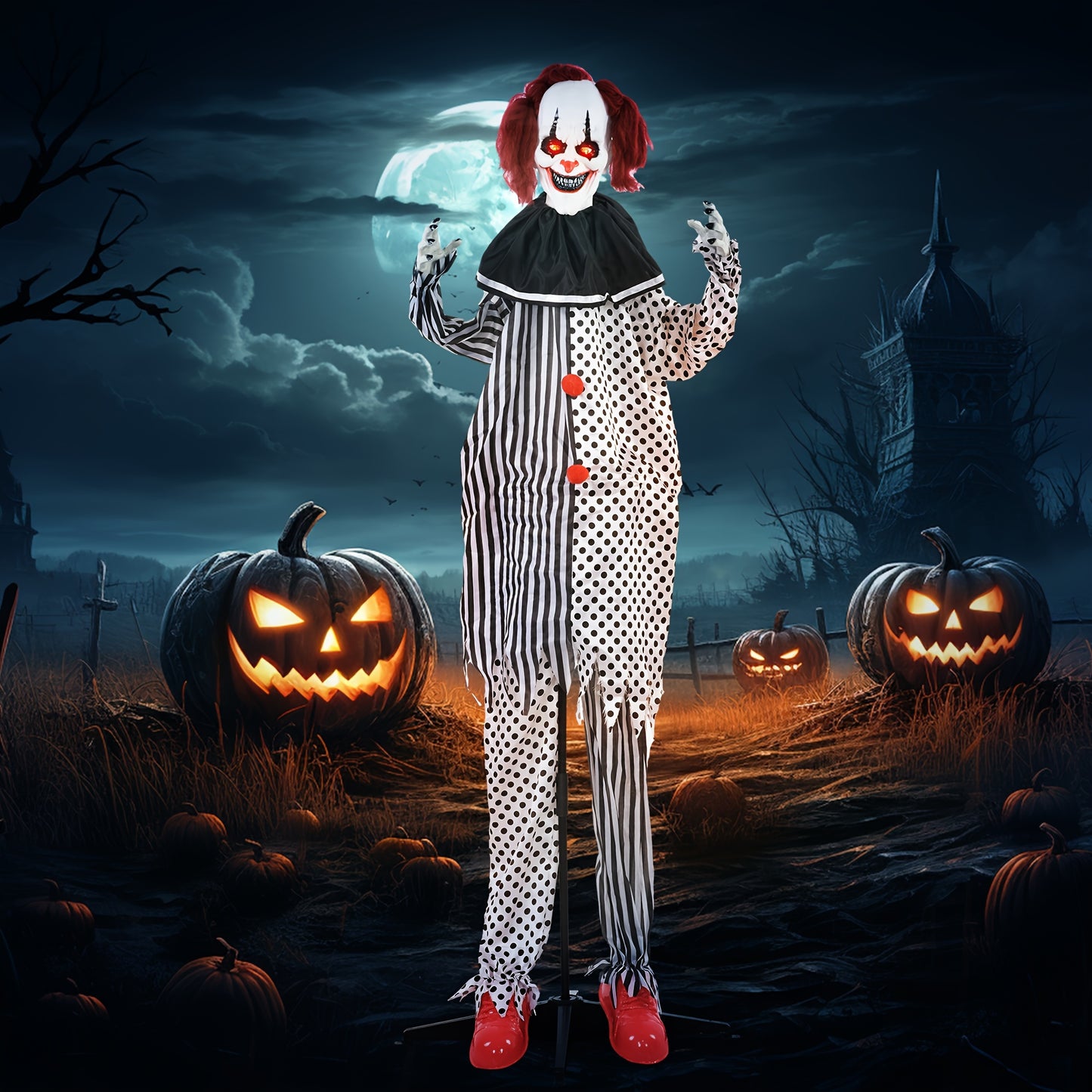 6' Life-Size Animatronic Circus Clown Decoration - Outdoor Halloween Prop with Sound, Motion, Light-Up Eyes, Talking, and Laughter - Spooky Adult Novelty