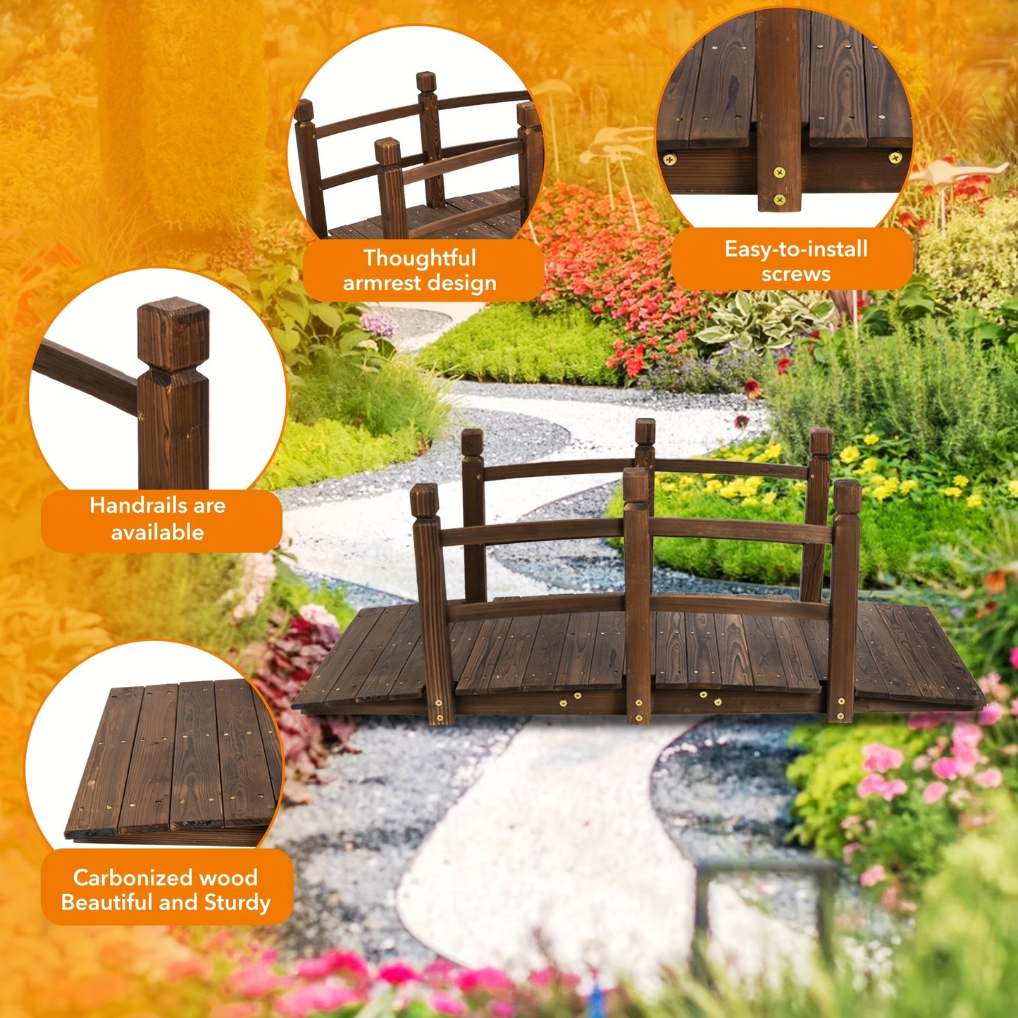 5ft Wooden Garden Bridge, Arch With Safety Railings On Either Side Outdoor Footbridge, Wooden Walkway Decorative Pond Landscaping, Backyard, Creek Or Farm