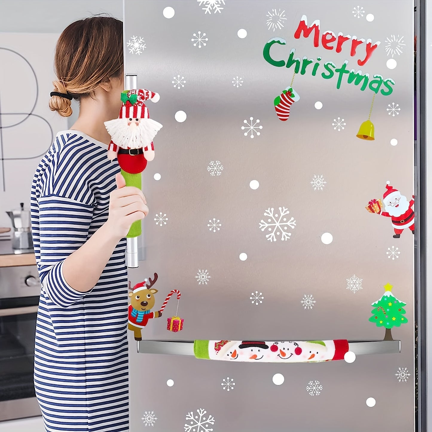 3pcs Christmas & New Year Refrigerator Handle Covers Set - Festive Kitchen Appliance Protectors, Polyester, No Power Needed