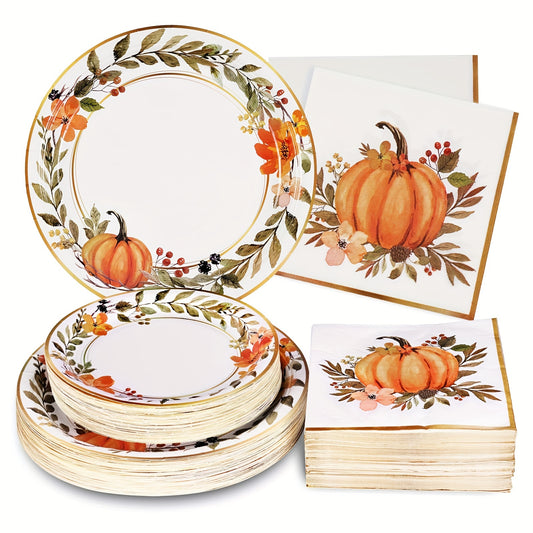 [Fast Arrival] 200Pcs Fall-themed Thanksgiving Paper Plates and Napkins Set, Pumpkin Flower Wreath Design, Watercolor Disposable Party Supplies for Autumn Harvest Table Decorations