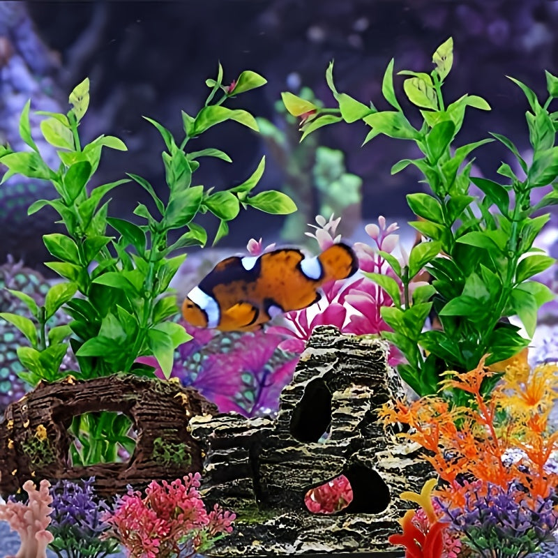 15pcs Resin Fish Tank Decorations Plants with Broken Barrel, Cave Rock View, and Plastic Plants