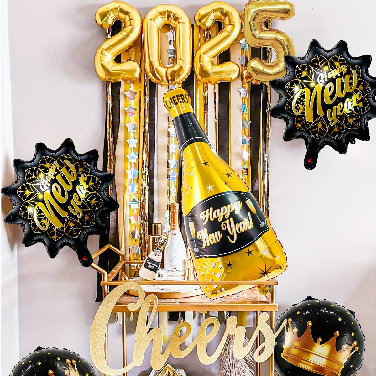 7-Piece New Year's Champagne Bottle Balloon Set with 18" Black Crown Star and 'Happy New Year' Text, Perfect for Festive Celebrations