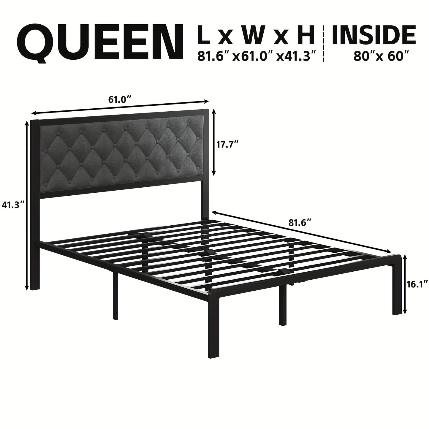 Bed Frame With Headboard, Fabric Upholstered Bed Frame Platform, All Metal Slats Support Platform Bed Frame With Storage Space, Easy Assembly, Noise Free, No Box Spring Needed, Twin, Full, Queen