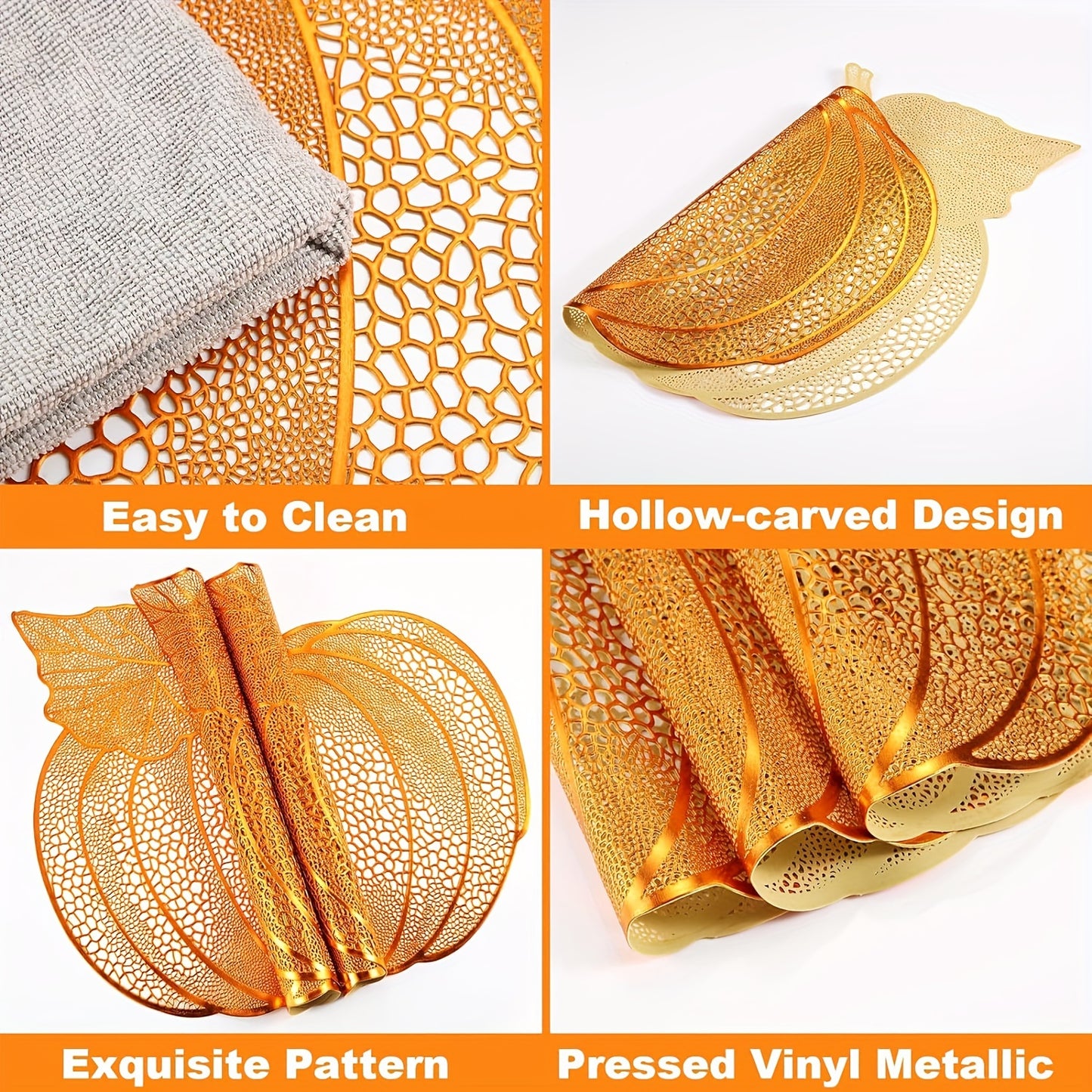 12 Pack/8 Pack Pressed Vinyl Metallic Fall Place Mats Autumn Harvest Pumpkins Place Mats, Round Place Mats Pumpkin Place Mats for Thanksgiving Halloween Table Decoration