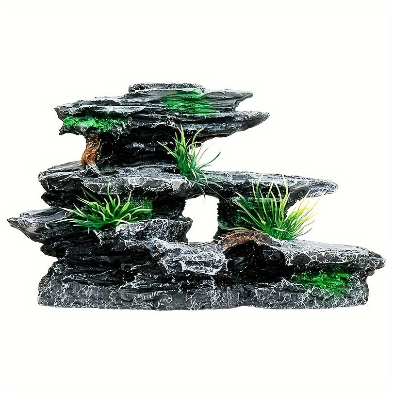 1pc Majestic Aquarium Mountain Rockery - Lush Moss Tree & Cave - Durable Stone Fish Tank Ornament - Create a Tranquil Underwater Landscape Decor