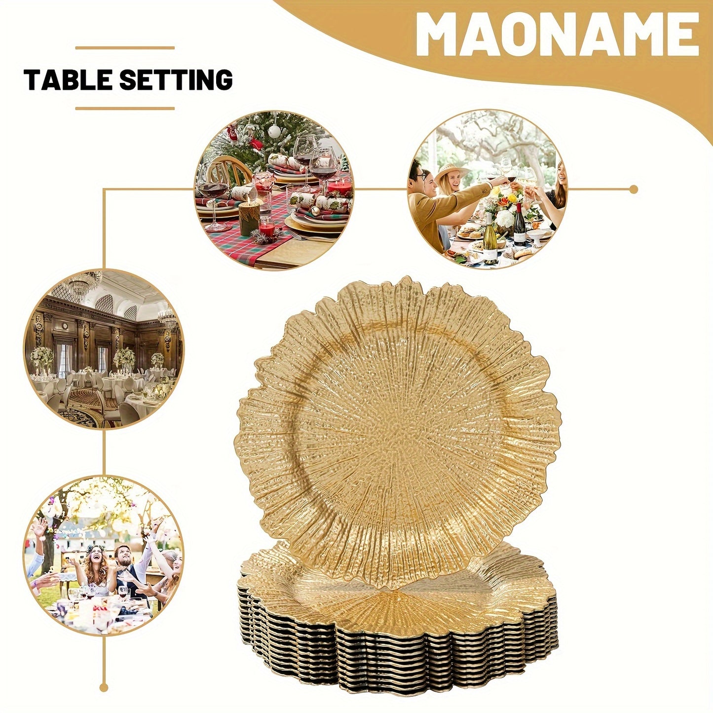 MAONAME Golden Charger Plates, Reef Plate Chargers For Dinner Plates, Plastic Decorative Plates For Table Setting, Thanksgiving, Christmas