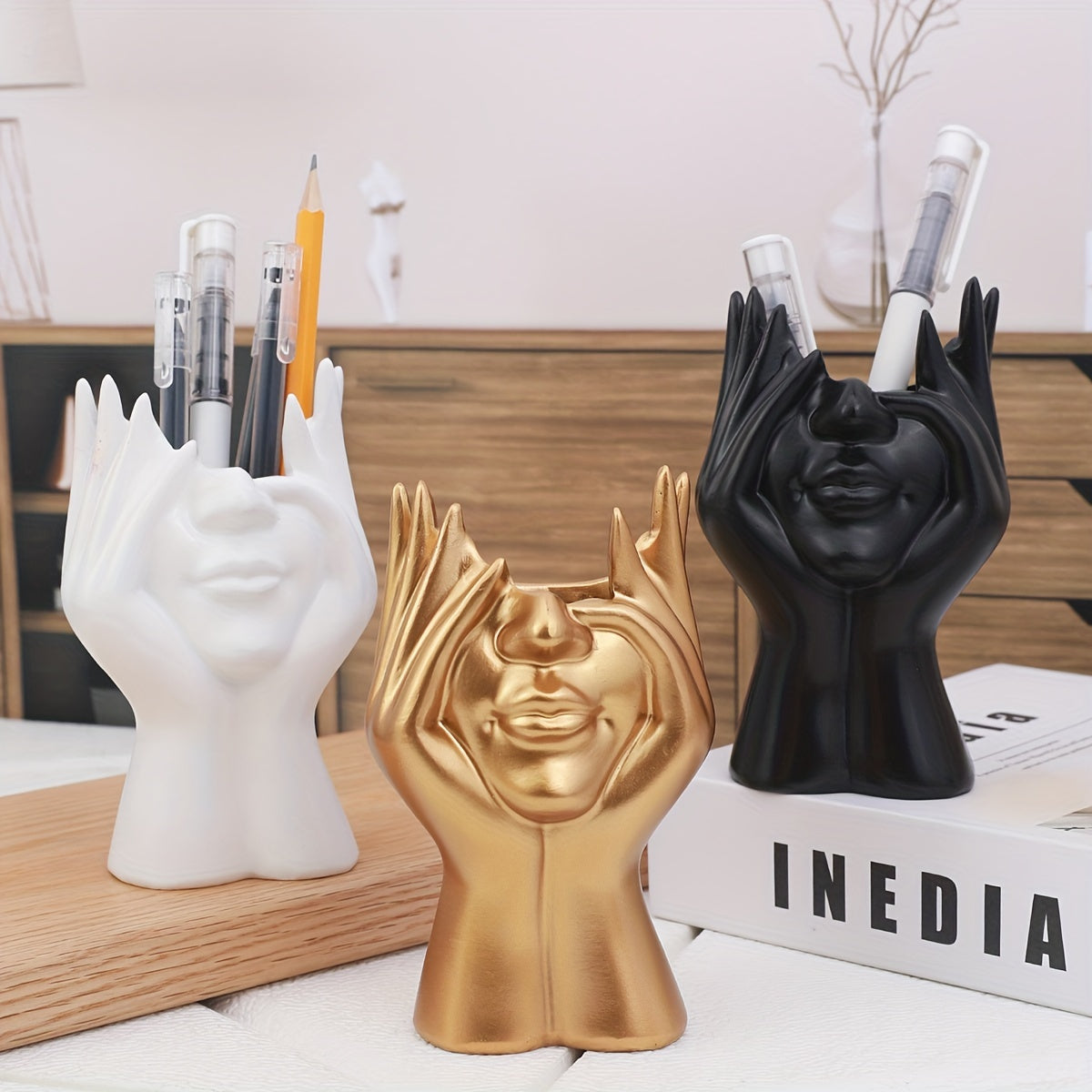 1pc Unique Resin Face-Holding Hand Gesture Pen Holder - Artistic Desk Organizer for Office and Home Decor - Functional Decoration for Workspace and Living Room