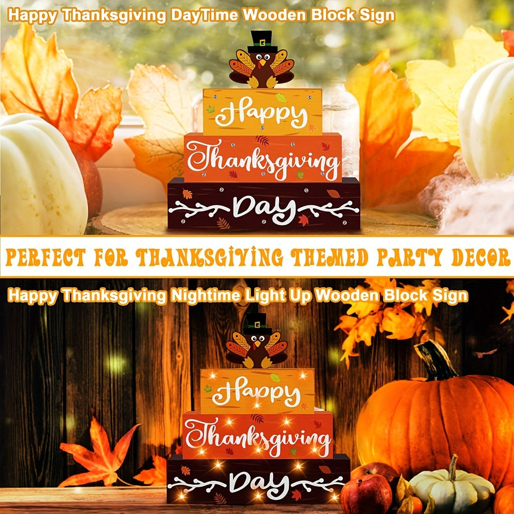 Happy Thanksgiving LED Light-Up Wooden Sign - Turkey Design for Tabletop & Mantle Decor, Battery Operated (AAA), Perfect for Farmhouse & Autumn Celebrations