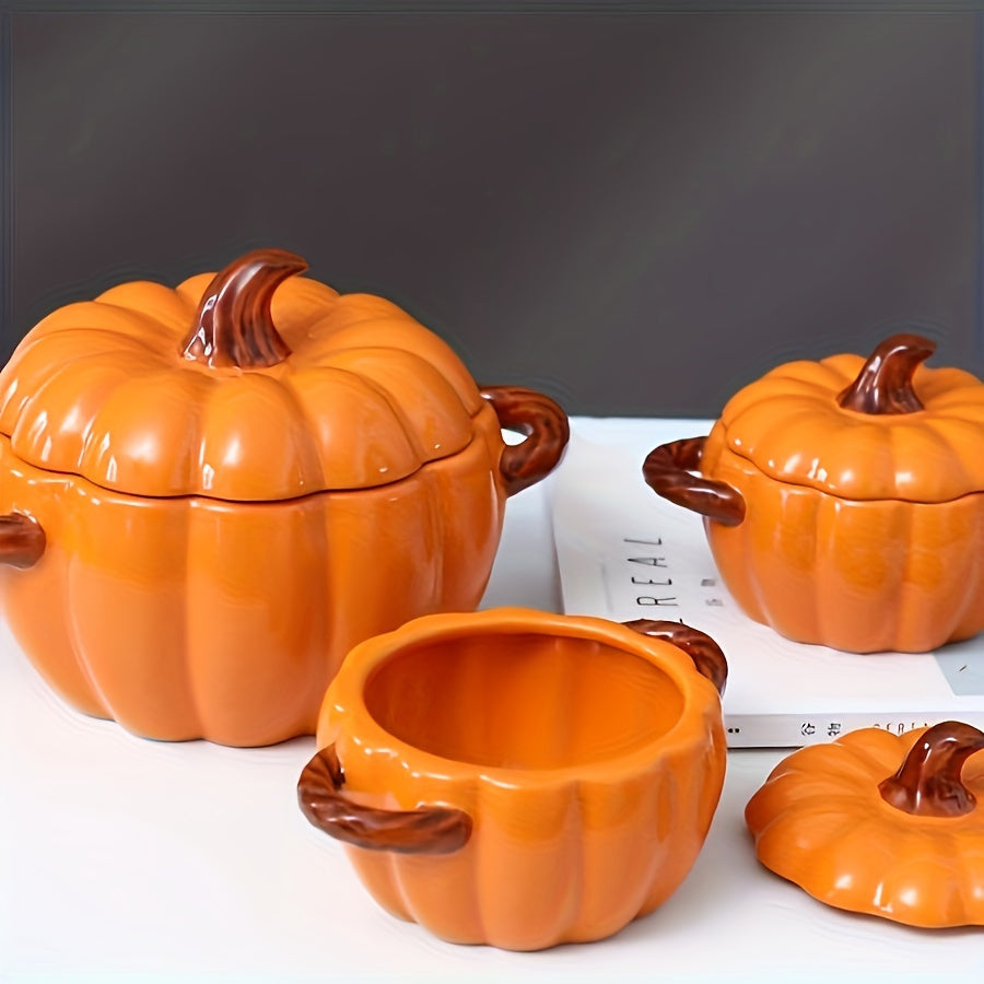 1pc Dutch Oven Pot Set, 54oz Large Ceramic Pumpkin Soup Bowl with Lid and Handles, Novelty Botanical Pattern, Microwave Safe, Heat-Resistant Design, Ideal for Pudding Dessert, Holiday Kitchen Decor, Christmas Party Accessory