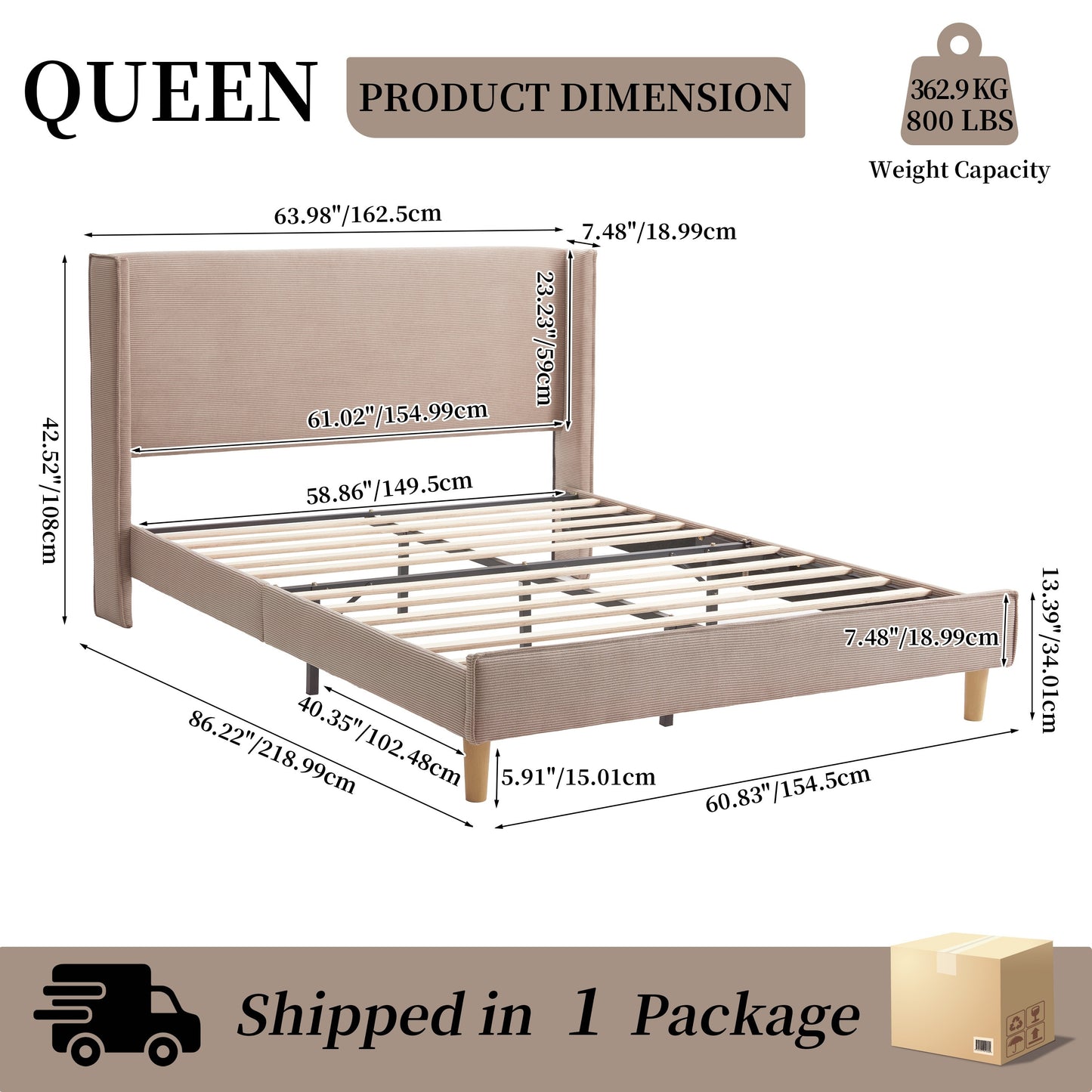 Upholstered Bed Frame With 42.5" High Wingback Headboard, Velvet Fabric, Strong Metal & Wooden Slats Support, No Box Spring Needed, Easy Assembly, Cream/Mink/Turtle Green, Twin/Full/Queen/King Size