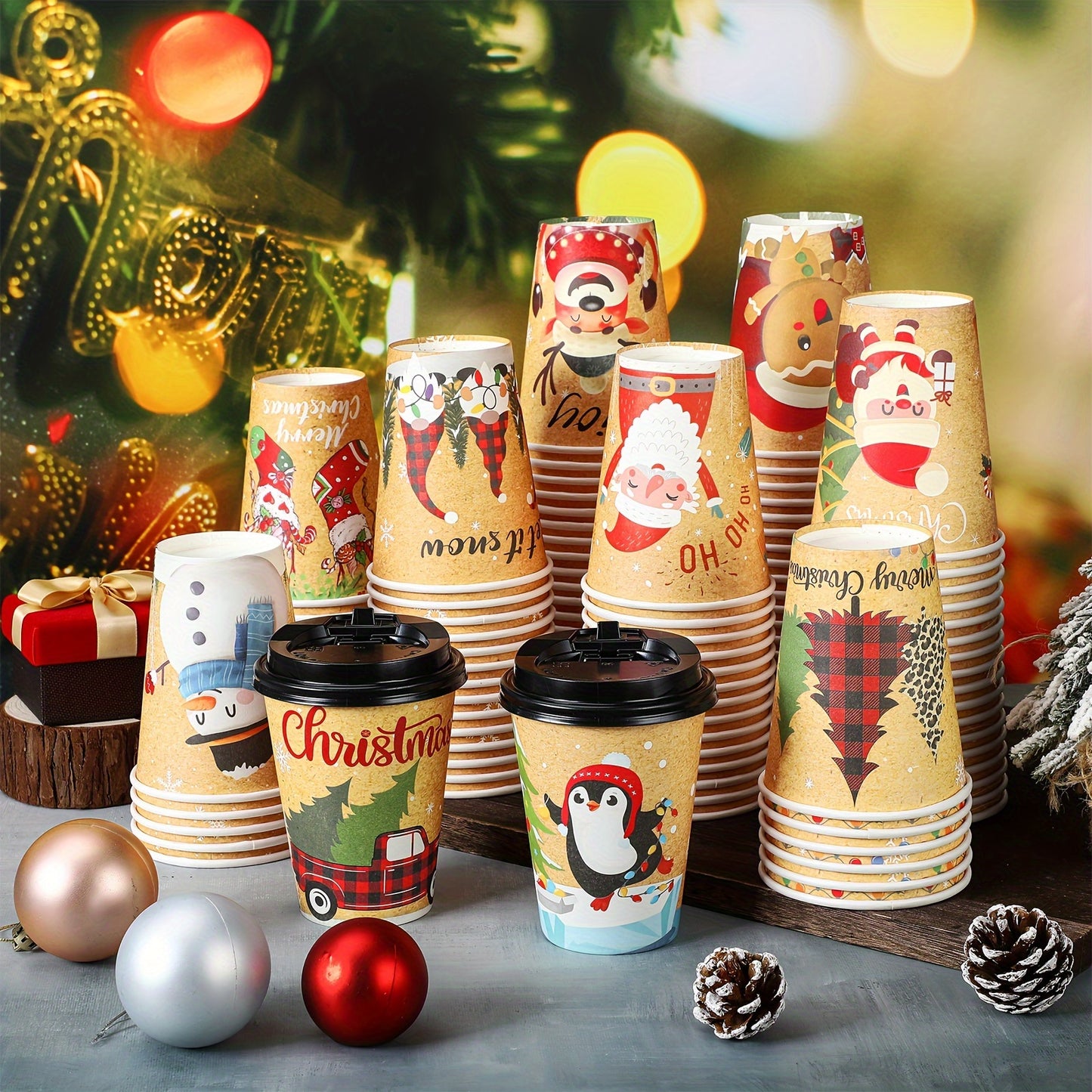 200 Pcs Christmas Disposable Coffee Cups with Lids Insulated Disposable Paper Cups Xmas Designs of Cute for Hot and Cold Drinks Tea Water Coffee Bar Supplies Winter Season, Lovely, 12 oz