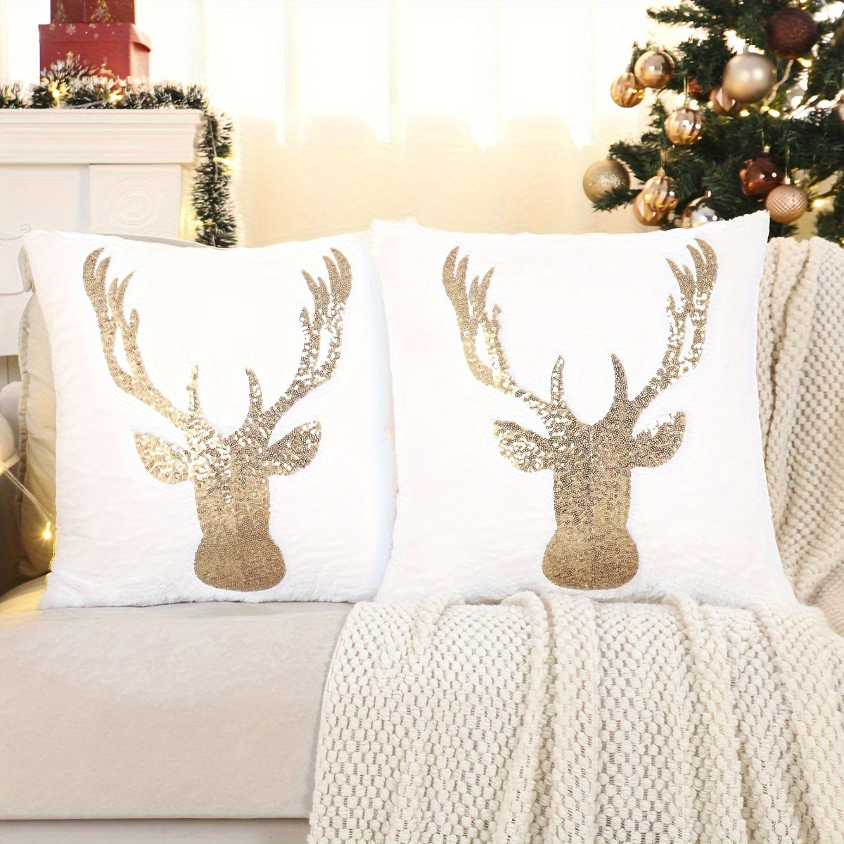 Traditional Style Christmas Throw Pillow Covers Set of 2, Hand Wash Only, Mixed Color, Geometric Deer and Joy Pattern, Zipper Closure, Woven Polyester, Living Room Decor with Embroidered Golden Sequins