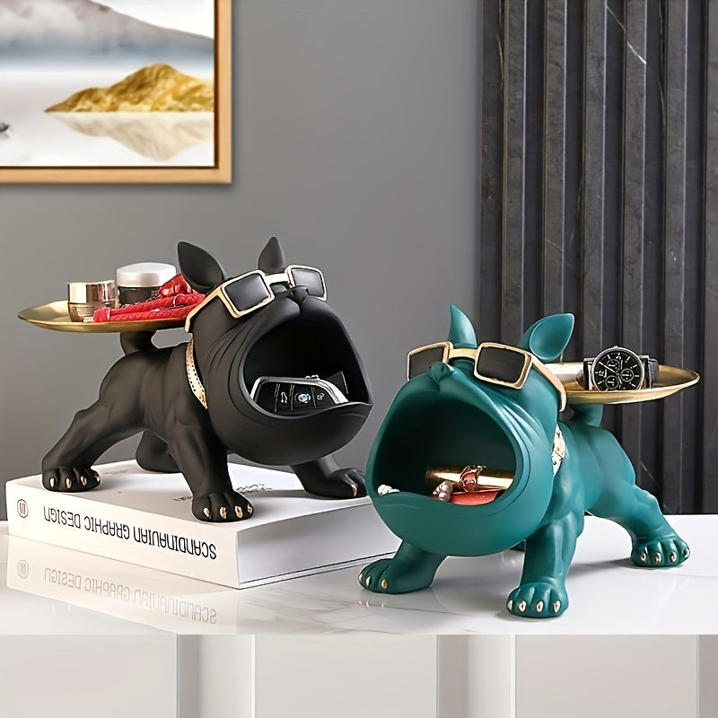 Chic French Bulldog Resin Sculpture with Storage Tray - Nordic-Inspired Animal Figurine for Candy, Snacks, Keys, Coins & Jewelry - Perfect for Living Room, Bedroom, Office Decor & Gifts