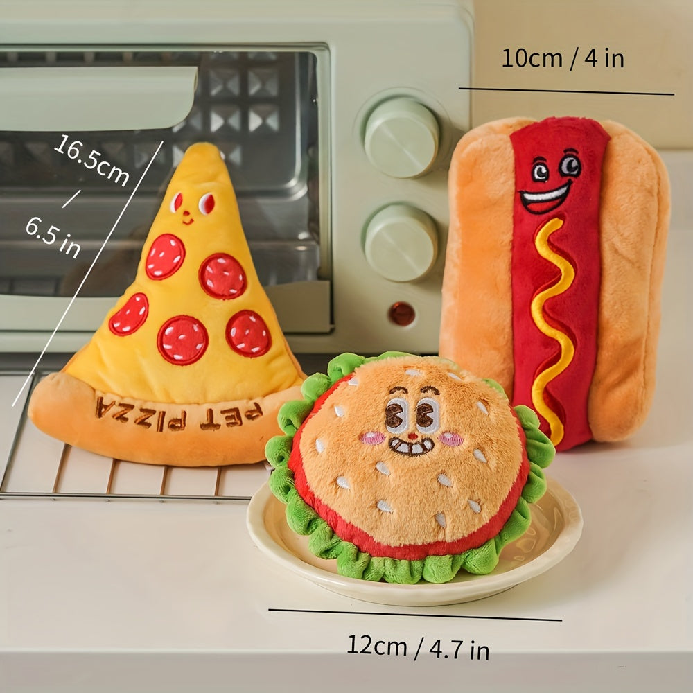 1pc Adorable Cartoon Pizza Hamburger Hot Dog Design Plush Toy - Soft Fabric Interactive Chewing Supply for All Breed Sizes - Squeaky Fun for Dogs to Grinding Teeth and Relieve Anxiety